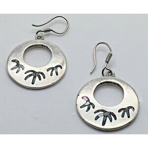 Taxco Sterling Silver Palm Tree Motif Earrings Inlay Chips Round Dangle TC 135